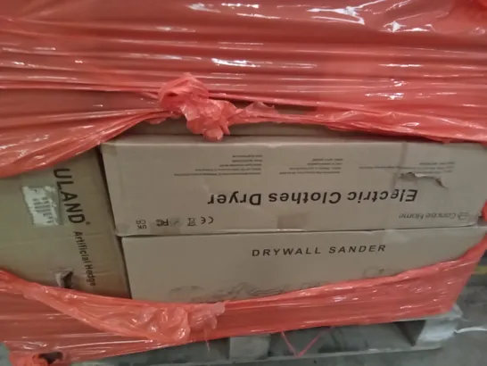 PALLET OF ASSORTED ITEMS INCLUDING DRYWALL SANDER, ELECTRIC CLOTHES DRYER, ULAND ARTIFICAL HEDGE, TIMBER RIDGE FOLDING CHAIR