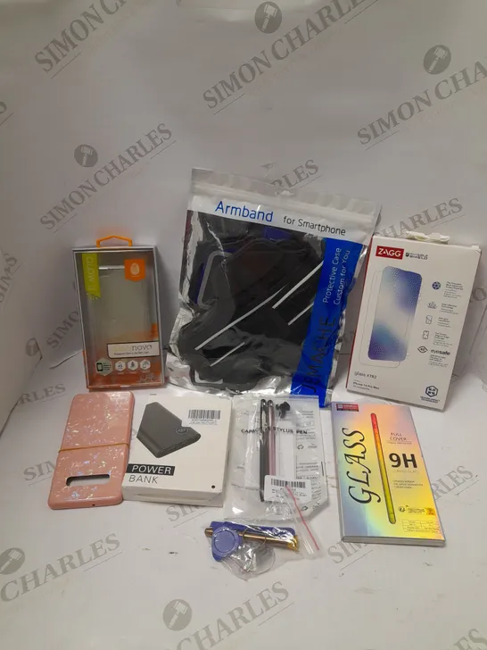 BOX OF APPROXIMATELY 20 ASSORTED PHONE ACCESSORIES TO INCLUDE SPORTS ARMBAND, CASES, STYLUS ETC 