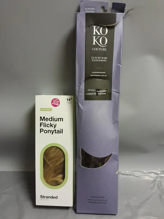 LOT OF 2 HAIR PRODUCTS TO INCLUDE KOKO COUTURE HAIR EXTENSIONS IN CHOC BROWN STRAIGHT 22" AND STRANDED MEDIUM FLICKY PONYTAIL