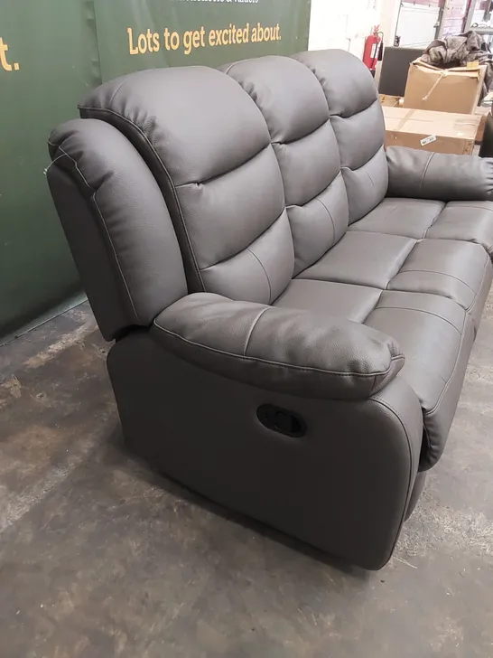 DESIGNER 3 SEATER MANUAL RECLINER LEATHER SOFA - GREY