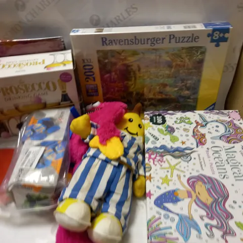 LARGE BOX OF ASSORTED TOYS, TEDDIES AND GAMES TO INCLUDE JIGSAWS, TEDDIES AND DRINKING GAMES