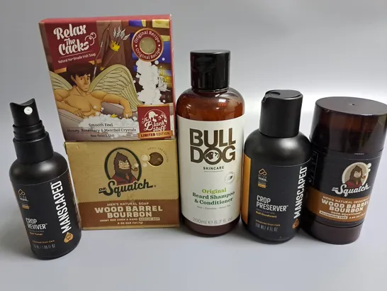 LOT OF 6 ASSORTED MENS BODY CARE ITEMS TO INCLUDE DR SQUATCH SOAP AND BULL DOG BEARD SHAMPOO