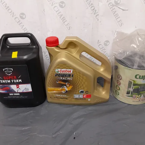 TOTE OF 3 ASSORTED HOUSEHOLD GOODS TO INCLUDE SUER SNOW FOAM, 4 STROKE MOTOR OIL, AND CUPRINOL URBAN SLATE 