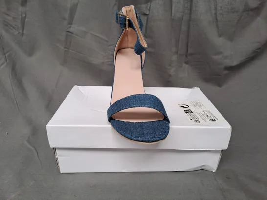 BOXED PAIR OF DESIGNER OPEN TOE HEELED SANDALS IN DENIM BLUE EU SIZE 41