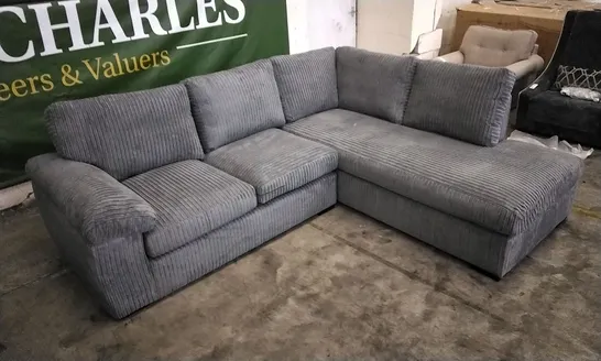 DESIGNER JUMBO CORDED GREY FABRIC CORNER GROUP SOFA WITH CHAISE SECTION