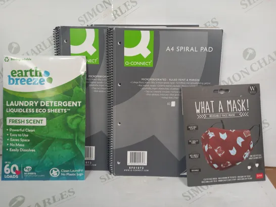 BOX OF APPROXIMATELY 10 ASSORTED HOUSEHOLD ITEMS TO INCLUDE WHAT A MASK REUSABLE FACE MASK, A4 SPIRAL PAD, EARTH BREEZE LAUNDRY DETERGENT LIQUIDLESS ECO SHEETS, ETC