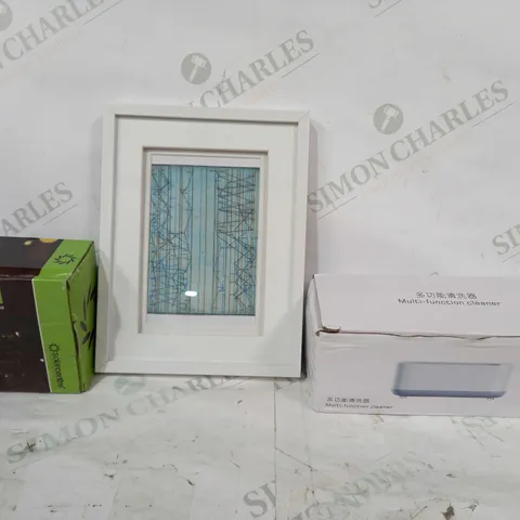 BOX OF APPROXIMATELY 20 ASSORTED HOUSEHOLD ITEMS TO INCLUDE MULTI-FUNCTION CLEANER, PHOTO FRAME, ELAN SOLAR COPPER WIRE LIGHTS, ETC