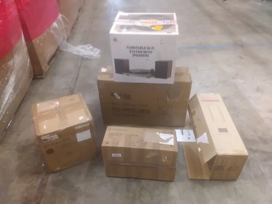 PALLET OF ASSORTED HOUSEHOLD PRODUCTS AND ITEMS, INCLUDING; AIR FRYER, CHILDREN'S TRICYCLE, PURIFIER AND HEATER FAN, OFFICE CHAIR, TURNTABLE HI-FI SYSTEM ETC