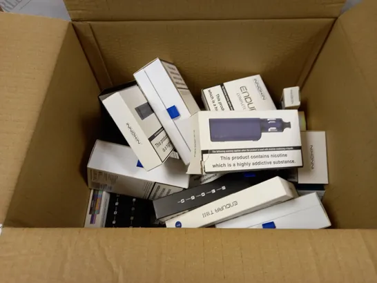 BOX OF APPROXMATELY 30 E-CIGARETTES AND LIQUIDS TO INCLUDE UWELL CALIBURN A2 POD SYSTEM, INNOKIN ENDURA T18II IN BLUE, INNOKI EZ.WATT IN PURPLE, ETC