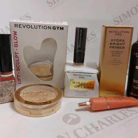 BOX OF APPROX 7 REVOLUTION ITEMS TO INCLUDE GLOW FIX FIXING SPRAY, HYDRA BRIGHT PRIMER, MIRACLE CREAM