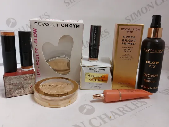 BOX OF APPROX 7 REVOLUTION ITEMS TO INCLUDE GLOW FIX FIXING SPRAY, HYDRA BRIGHT PRIMER, MIRACLE CREAM