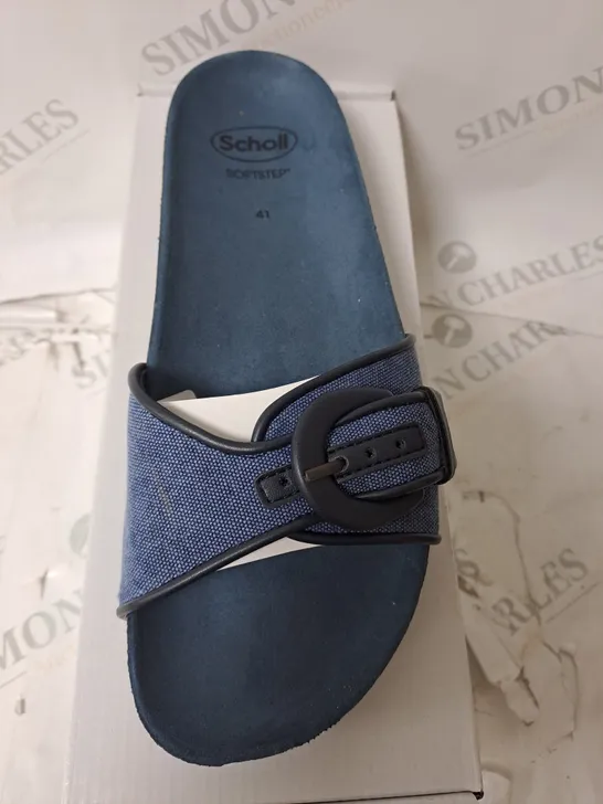 BOXED SCHOLL SANDLES IN DENIM BLUE SIZE 7 