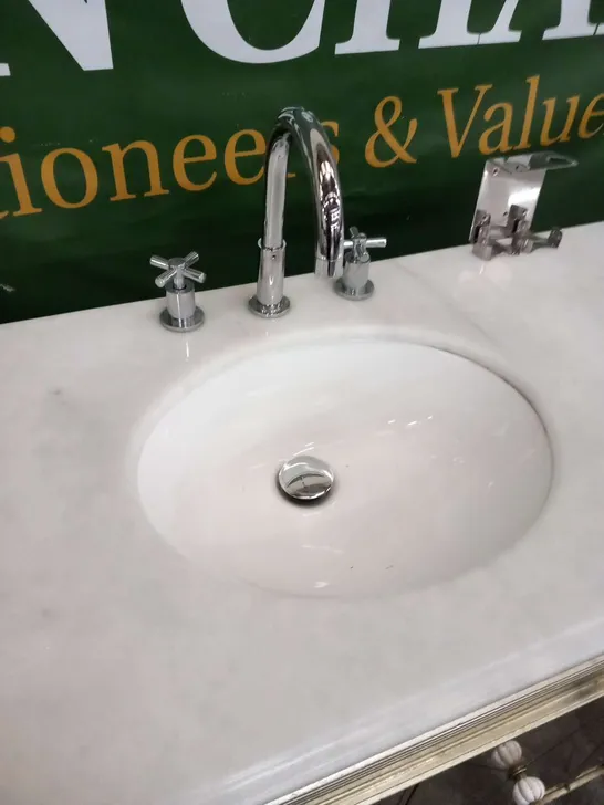 MIRRORED ANTIQUED RIBBED MARBLE TOPPED VANITY UNIT WITH TWO INBUILT BASINS