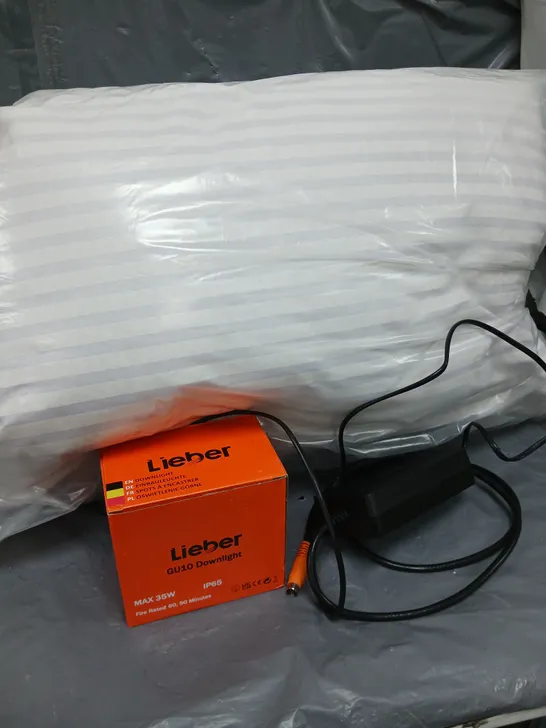 APROXIMATELY 15 ASSORTED HOUSEHOLD ITEMS TO INCLUDE PILLOWS, LIEBER GU10 DOWNLIGHT, SKY POWER CABLE, ETC