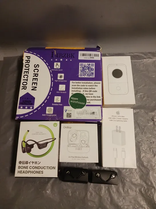 BOX OF APPROX 7 ASSORTED ITEMS TO INCLUDE - PHOMEO LABEL PRINTER - IMBZBK SCREEN PROTECTOR KIT - AKG WIRED EARPHONES ETC 