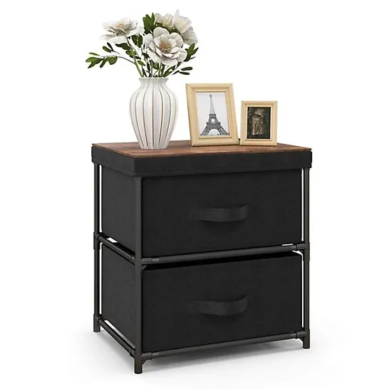 BOXED COSTWAY 2 DRAWER NIGHTSTAND WITH REMOVABLE FABRIC BINS & PULL HANDLES BLACK