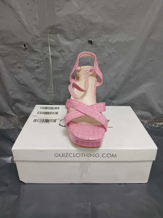 QUIZ PINK CROCODILE CROSS STRAP PLATFORM HEELED SANDAL