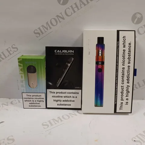 LOT OF APPROXIMATELY 25 ASSORTED E-CIGARETTES AND LIQUIDS TO INCLUDE INNOKIN ENDURA T18II, UWELL CALIBURN A2 POD SYSTEM, VOOPOO VMATE, ETC