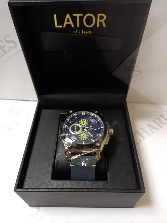 LATOR CALIBRE BLUE & YELLOW DIAL SUEDE LEATHER STRAP WATCH RRP £635