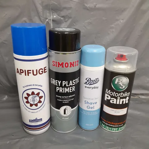 APPROXIMATELY 12 ASSORTED AEROSOLS TO INCLUDE , MOTORBIKE PAINT , BOOTS SHAVE GEL , GREY PLASTIC PRIMER , ETC 