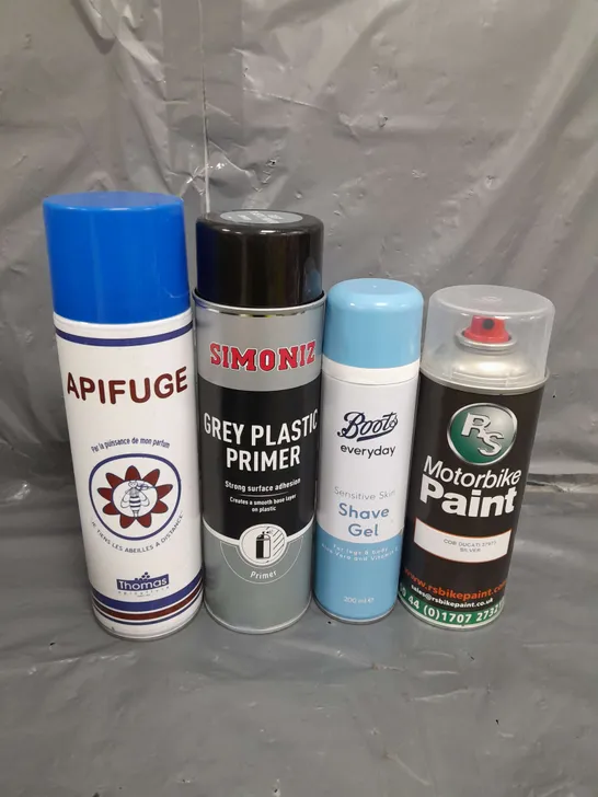 APPROXIMATELY 12 ASSORTED AEROSOLS TO INCLUDE , MOTORBIKE PAINT , BOOTS SHAVE GEL , GREY PLASTIC PRIMER , ETC 