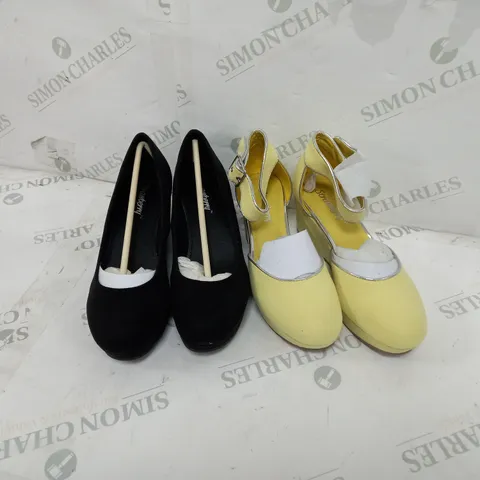 5 BOXED PAIRS OF STRAWBERRY SHOES TO INCLUDE WEDGE SHOES IN BLACK SIZE 5, WEDGE SANDALS IN LEMON SIZE 3