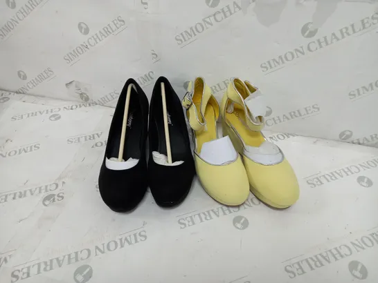 5 BOXED PAIRS OF STRAWBERRY SHOES TO INCLUDE WEDGE SHOES IN BLACK SIZE 5, WEDGE SANDALS IN LEMON SIZE 3