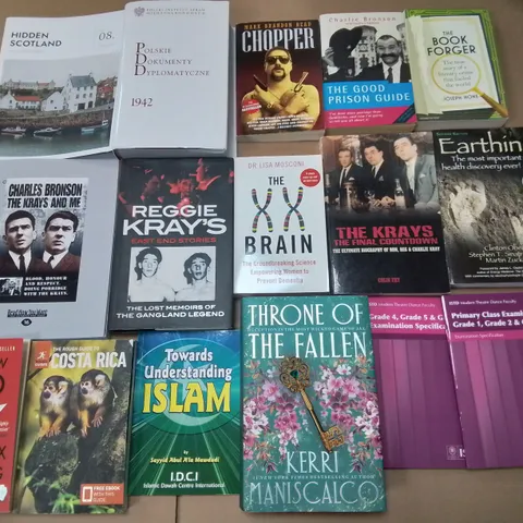 LARGE QUANTITY OF ASSORTED BOOKS TO INCLUDE EARTHING SECOND EDITION, REGGIE KRAY STORIES AND THE BRAIN