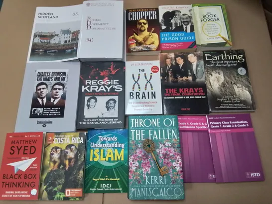 LARGE QUANTITY OF ASSORTED BOOKS TO INCLUDE EARTHING SECOND EDITION, REGGIE KRAY STORIES AND THE BRAIN