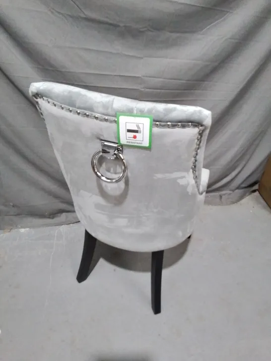 DESIGNER GREY FABRIC CHAIR WITH BUTTON DETAIL - COLLECTION ONLY