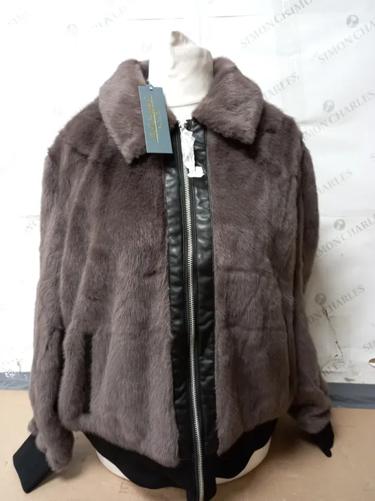 RUTH LANGSFORD FAUX LEATHER TRIM FAUX FUR BOMBER IN MINK SIZE 18 