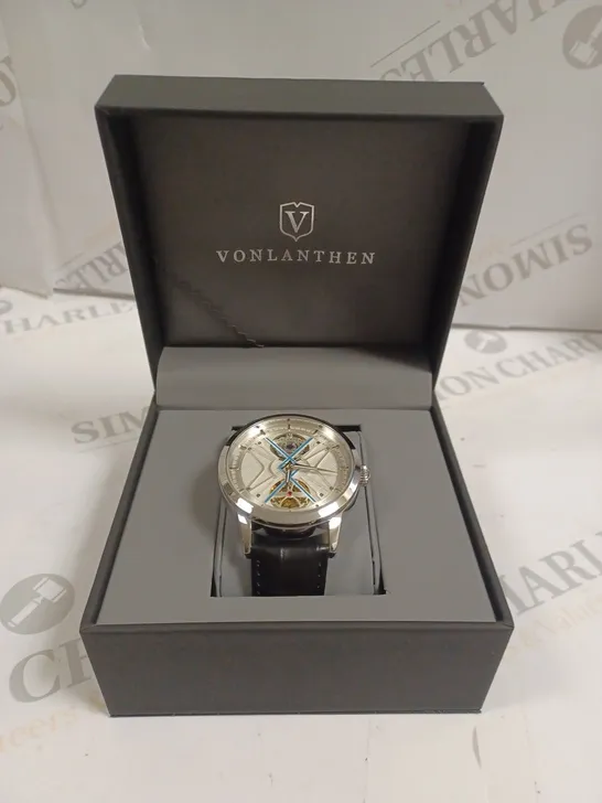 MENS VONLANTHEN AUTOMATIC WATCH – SILVER AND BLUE TEXTURED DIAL - GLASS EXHIBITION BACKCASE