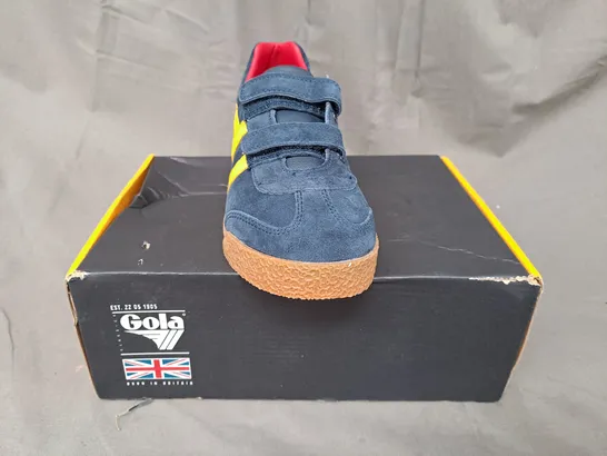 BOXED PAIR OF GOLA HARRIER STRAP SHOES IN NAVY/YELLOW/RED UK SIZE 2