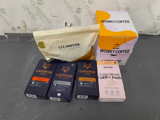 6 COFFEE PRODUCTS TO INCLUDE WONKY COFFEE LUCKY DIP, STEAMPUNK COFFEE ROASTERS PERU SINGLE ORIGIN, CAFEPOD COFFEE SUPERCHARGER ESPRESSO 