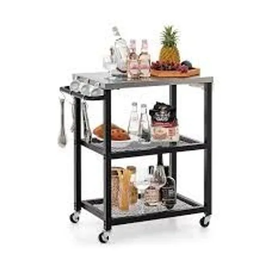 BOXED COSTWAY 3-TIER CART PREP DINING STORAGE TABLE FOLDABLE OUTDOOR STAINLESS STEEL W/ WHEEL - BLACK