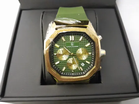 BOXED LOUIS LACOMBE CHRONOGRAPH WATCH WITH GREEN RUBBER STRAP