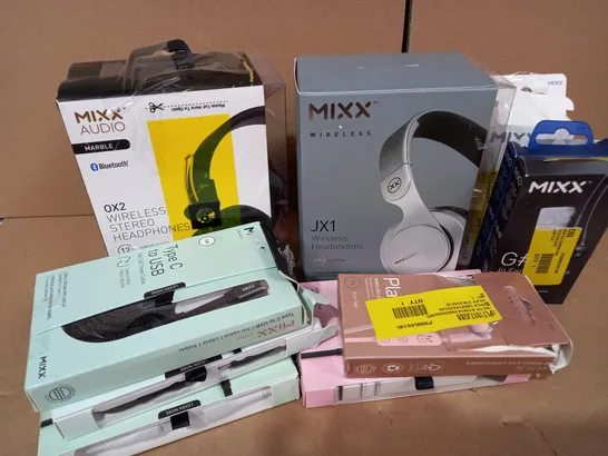 LOT OF APPROX. 10 X ITEMS TO INCLUDE MIXX 0X2 WIRELESS HEADPHONES, MIXX JX1 WIRELESS HEADPHONES, MIXX TYPE C TO USB CABLE, MIXX MICRO TO USB CABLE, MIXX G# EARPHONES, ETC.