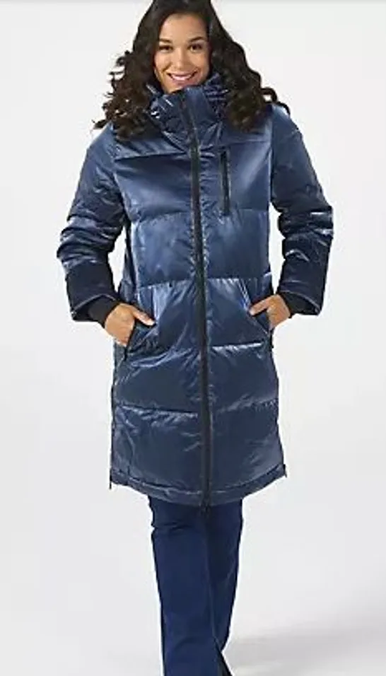 NUAGE LIQUID SHINE 3/4 COAT WITH SIDE ZIPPERS & HOOD PAGENT BLUE MEDIUM 