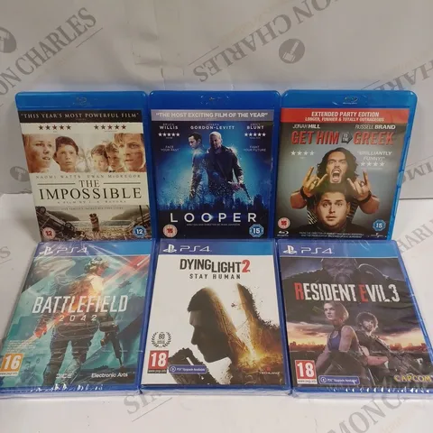 APPROXIMATELY 25 ASSORTED DVDS & VIDEO GAMES TO INCLUDE LOOPER, RESIDENT EVIL 3, RUSH ETC 