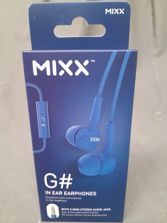 BOX OF APPROXIMATELY 50 MIXX G# IN EAR HEADPHONES IN BLUE