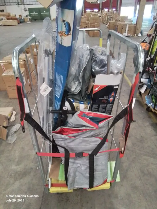 CAGE OF UNTESTED ASSORTED INFLATABLE KAYAKS AND ACCESSORIES 