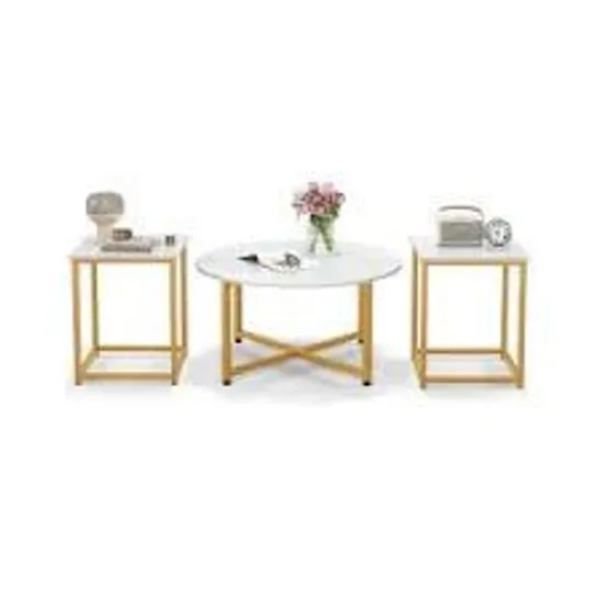 BOXED COSTWAY SET OF 3 COFFEE TABLES WITH STURDY METAL FRAME, ROUND COFFEE TABLE AND 2 SQUARE SIDE TABLES - WHITE