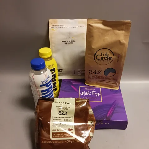 BOX OF APPROX 8 ASSORTED FOOD ITEMS TO INCLUDE - RAVE COFFEE - CADBURY MILK TRAY - PRIME DRINK ETC