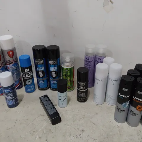 TWO TOTES OF ASSORTED AEROSOLS INCLUDING, PRIMER FILLER, GROUT PROTECTOR, CONTACT CLEANER, GREEN OIL LUBE, HIGH TEMP PAINT, SNOW SPRAY, BODY SPRAYS BY LYNX, HAIR SPRAYS, SILVIKRIN, BATISTE, GLADE,