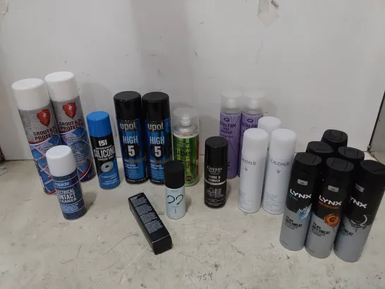 TWO TOTES OF ASSORTED AEROSOLS INCLUDING, PRIMER FILLER, GROUT PROTECTOR, CONTACT CLEANER, GREEN OIL LUBE, HIGH TEMP PAINT, SNOW SPRAY, BODY SPRAYS BY LYNX, HAIR SPRAYS, SILVIKRIN, BATISTE, GLADE,