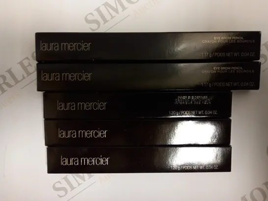 LOT OF 5 ASSORTED LAURA MERCIER EYE MAKEUP TO INCLUDE EYE BROW PENCIL (BLONDE SHADE) AND INNER EYE DEFINER (BLACK VIOLET AND BROWN COPPER SHADES)