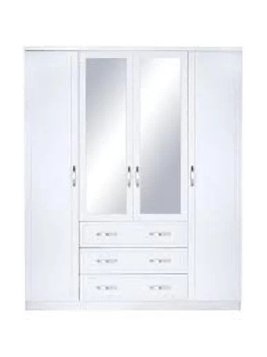 DESIGNER BOXED CAMBERLEY WHITE 5 DOOR 3 DRAWER MIRRORED WARDROBE (3 BOXES)