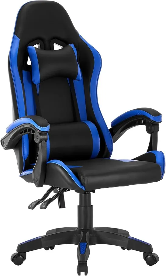 BOXED BLACK AND BLUE GAMING CHAIR COMPUTER CHAIR ERGONOMIC RACING STYLE ADJUSTABLE OFFICE DESK CHAIR WITH LUMBAR SUPPORT AND HEAD PILLOW RECLINING GAMER CHAIR FOR ADULT AND KIDS