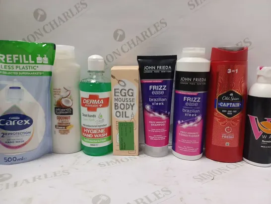 LOT OF APPROX 8 ASSORTED BEAUTY PRODUCTS TO INCLUDE EGG MOUSSE BODY OIL, JOHN FRIEDA CONDITIONER, OLD SPICE CAPTAIN, ETC 