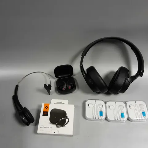 APPROXIMATELY 10 ASSORTED HEADPHONE PRODUCTS TO INCLUDE BEATS WIRELESS EARPHONES, AIRPODS CASE, JBL HEADPHONES ETC